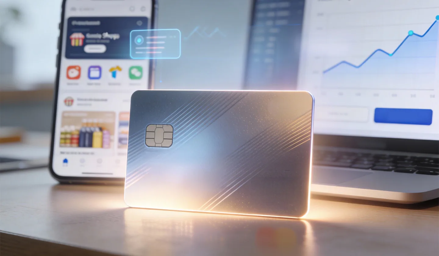Payment card with phone and laptop digital commerce