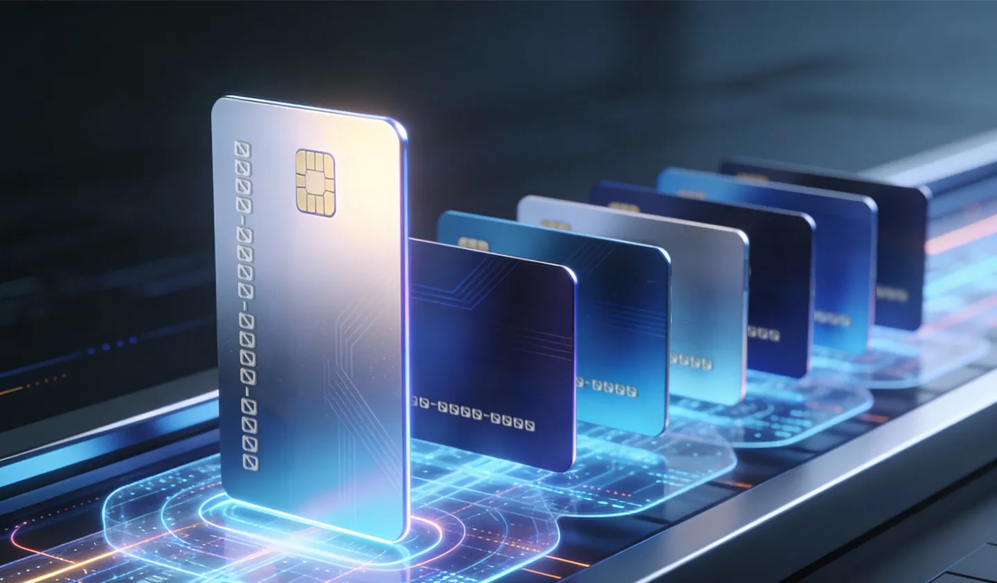 Digital payment cards on glowing circuit surface